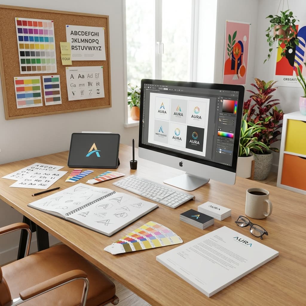 Workspace de design mostrando criação de logo e identidade visual