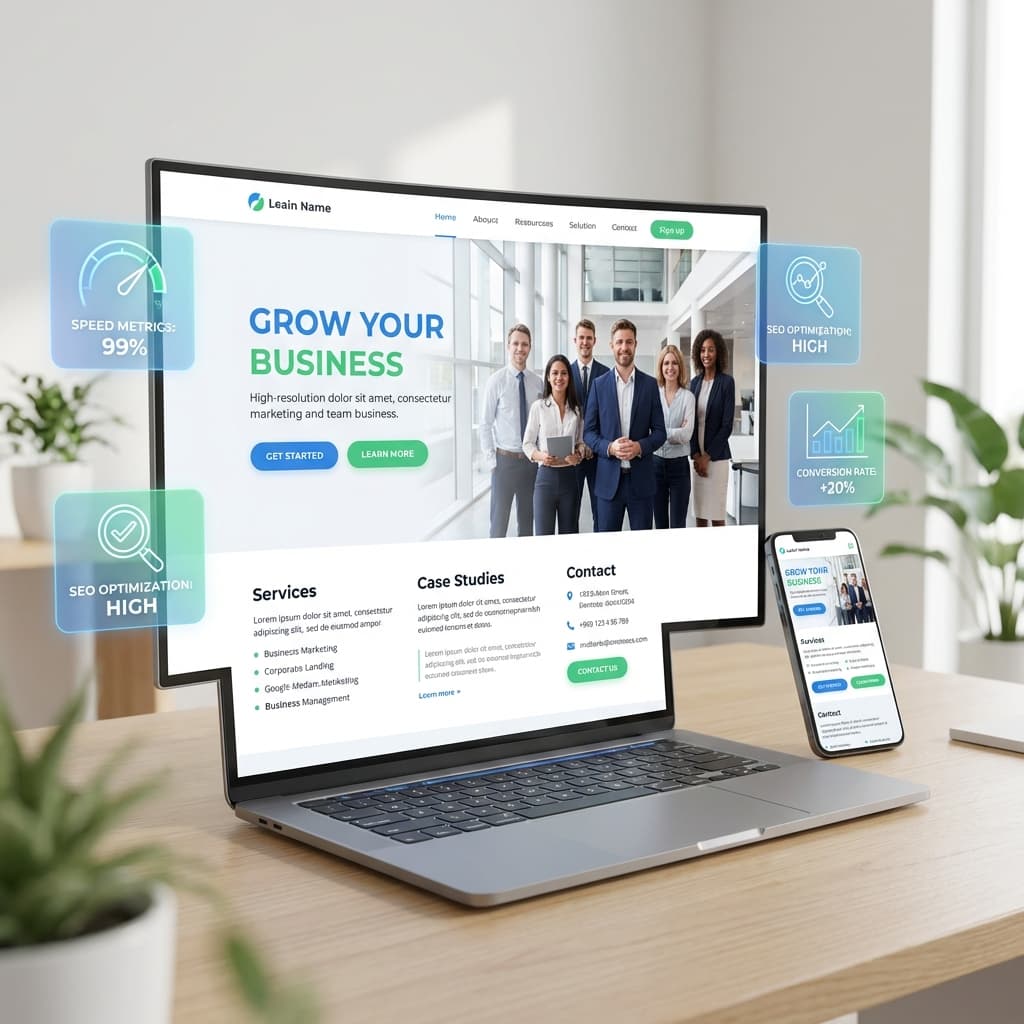 Mockup de site profissional com métricas de performance